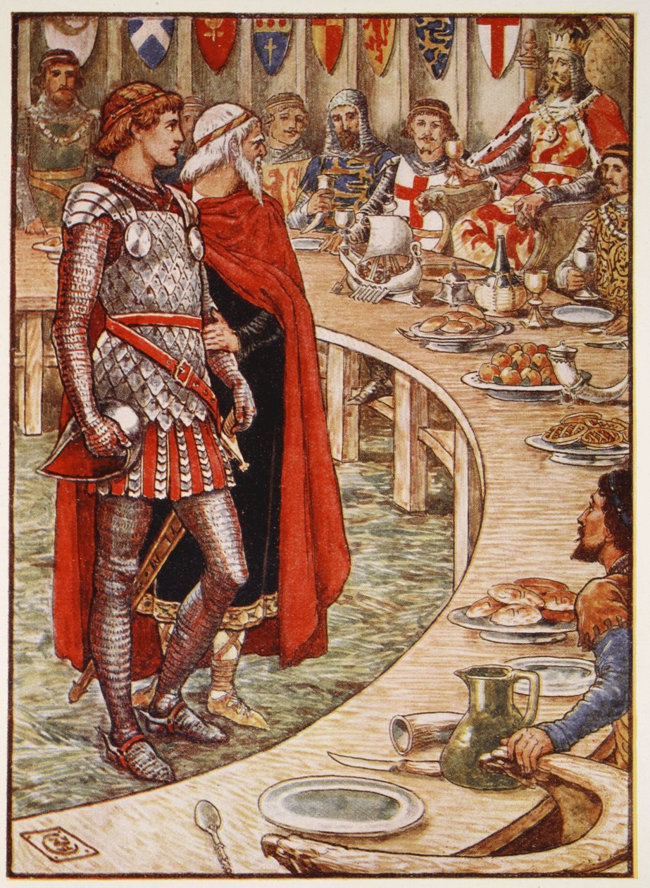 Sir Galahad förs till kung Arthurs hov, från "Stories of the Knights of the Round Table" av Henry Gilbert, första upplagan, 1911 av Walter Crane