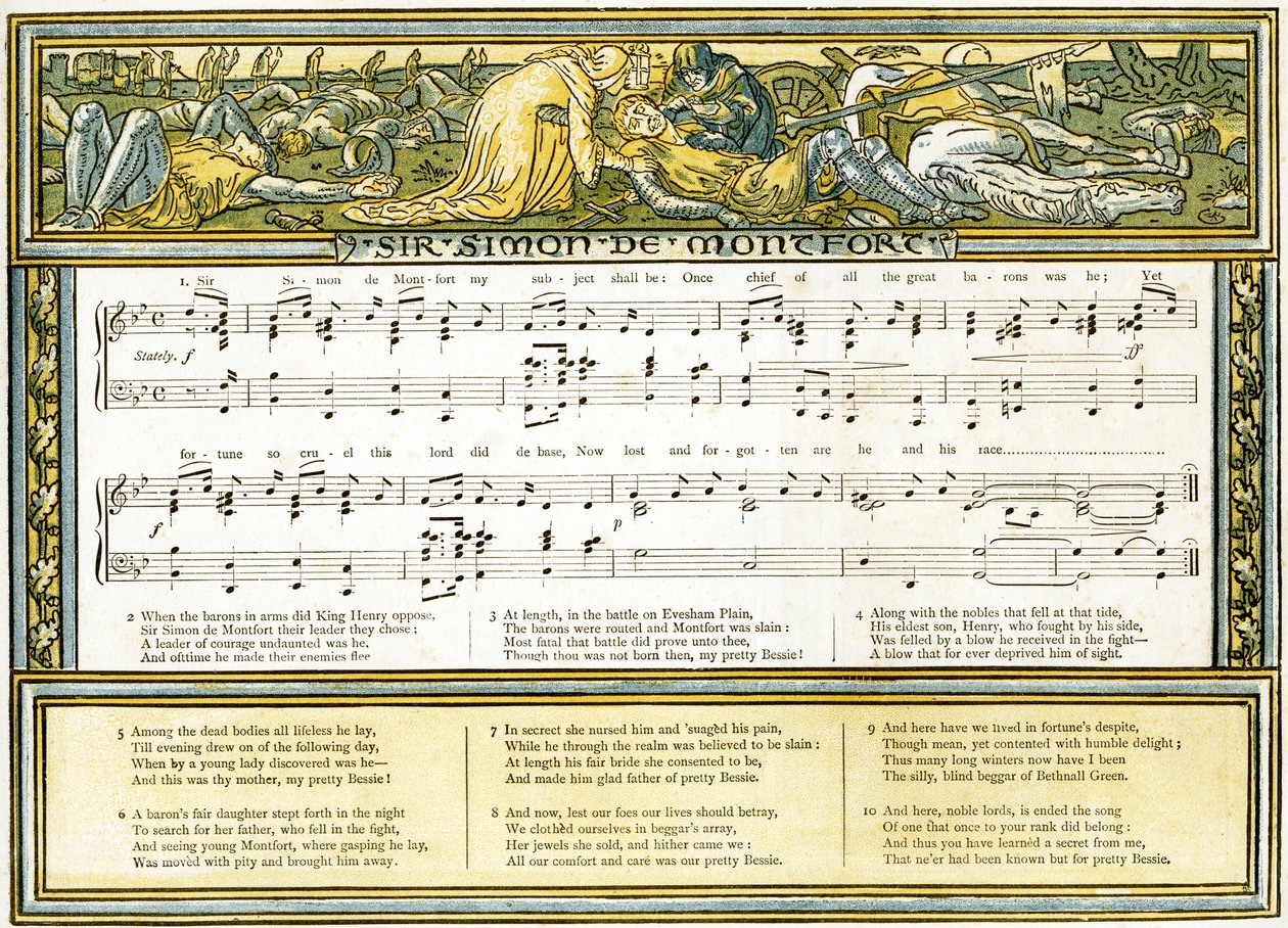 "Sir Simon de Montfort", sångillustration från "Pan-Pipes", A Book of Old Songs, Newly Arranged and with Accompaniments by Theo. Marzials, utgiven i London av George Routledge und Sons, 1884 (färg av Walter Crane