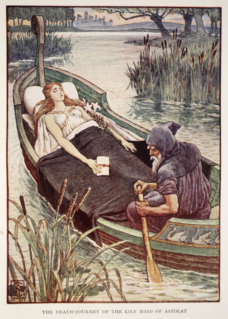 The Death Journey of the Lily Maid of Astolat, från "Stories of the Knights of the Round Table" av Henry Gilbert, första upplagan, 1911 av Walter Crane