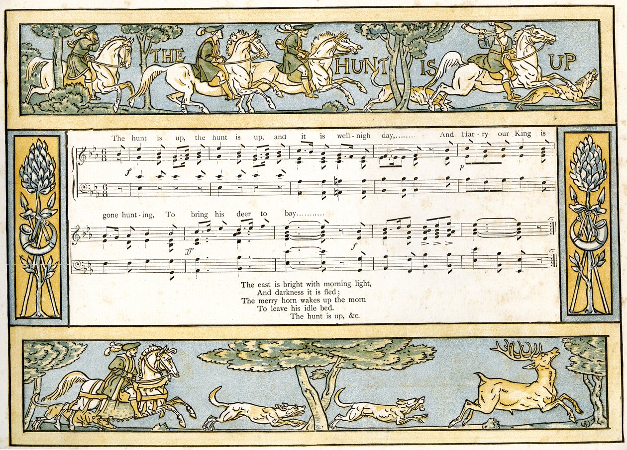 "The Hunt is Up and it is well nigh day and Harry our King is gone hunting", sångillustration från "Pan-Pipes", A Book of Old Songs, Newly Arranged and with Accompaniments by Theo. Marzials, publicerad av Walter Crane