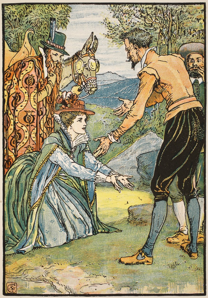 Mötet mellan Dorothea och Don Quijote, illustration från "Don Quijote of the Mancha" återberättad av domare Parry, pub. Blackie und Son Ltd, London, 1900 av Walter Crane