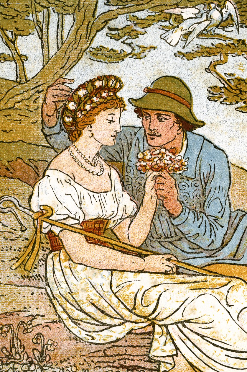 "The Passionate Shepherd to his Love", sångillustration från "Pan-Pipes", A Book of Old Songs, Newly Arranged and with Accompaniments by Theo. Marzials, utgiven i London av George Routledge und Sons. av Walter Crane