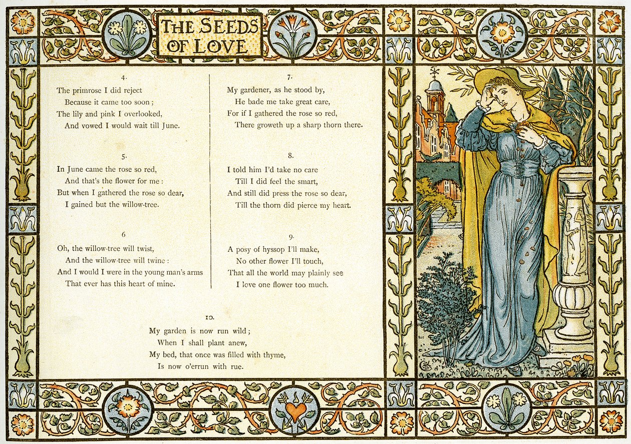 "The Seeds of Love", del 2 av en traditionell engelsk folksång, illustration från "Pan-Pipes", A Book of Old Songs, Newly Arranged and with Accompaniments by Theo. Marzials utgiven i London av Geor av Walter Crane