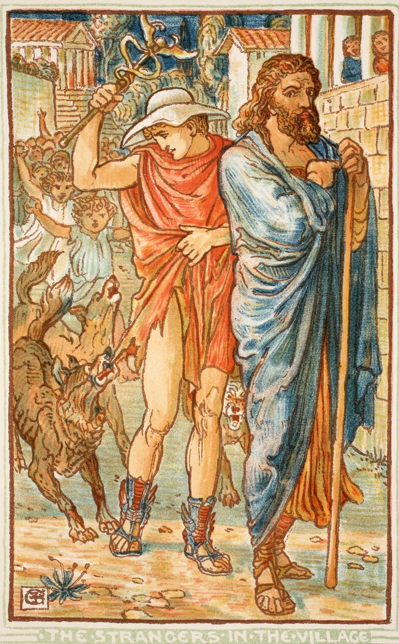 Främlingarna i byn, illustration från Nathanial Hawthornes "A Wonder-Book for Girls and Boys", 1852. av Walter Crane