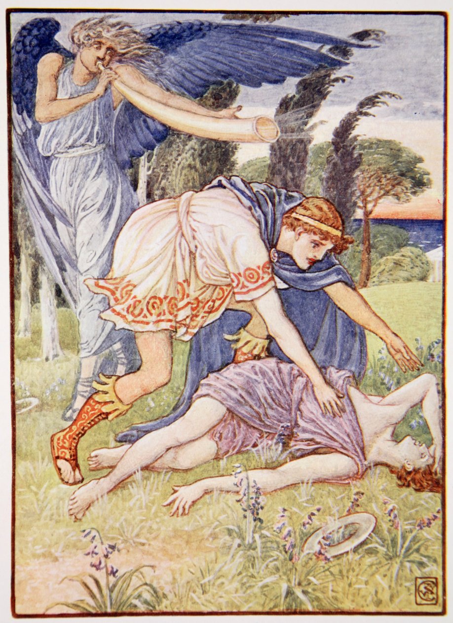 Vindguden skickade en vindpust från söder, illustration från "The Story of Greece" av Mary Macgregor, 1:a upplagan, 1913 (färgtryck) av Walter Crane
