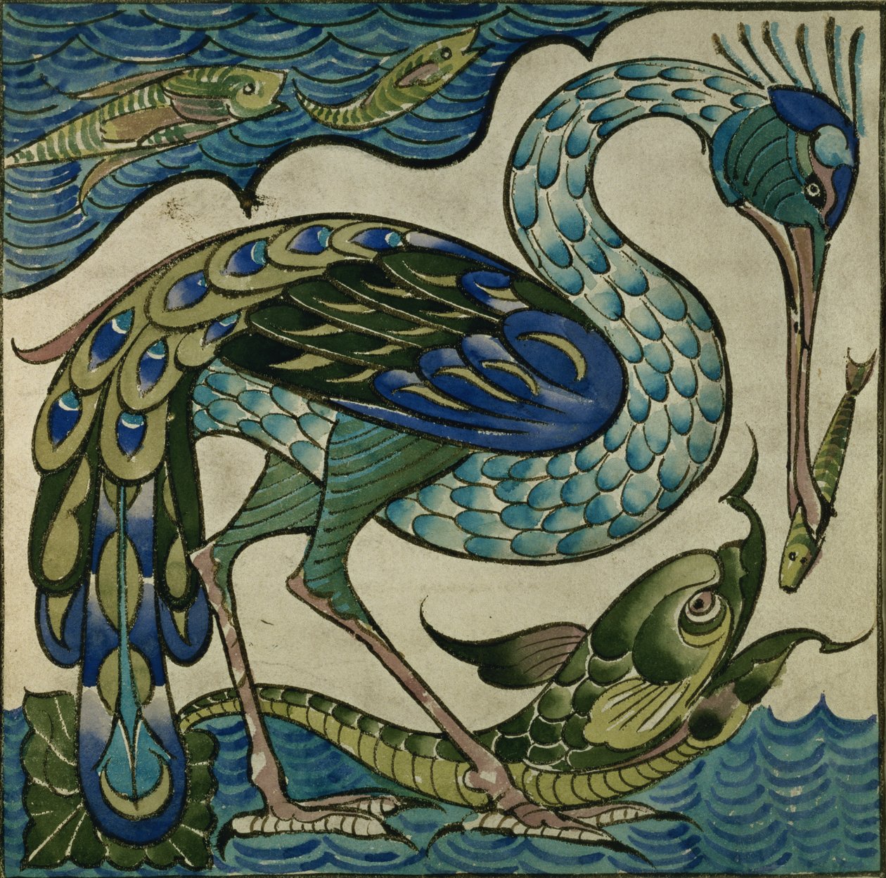 Kakeldesign av häger och fisk, av Walter Crane (1845-1915) av Walter Crane