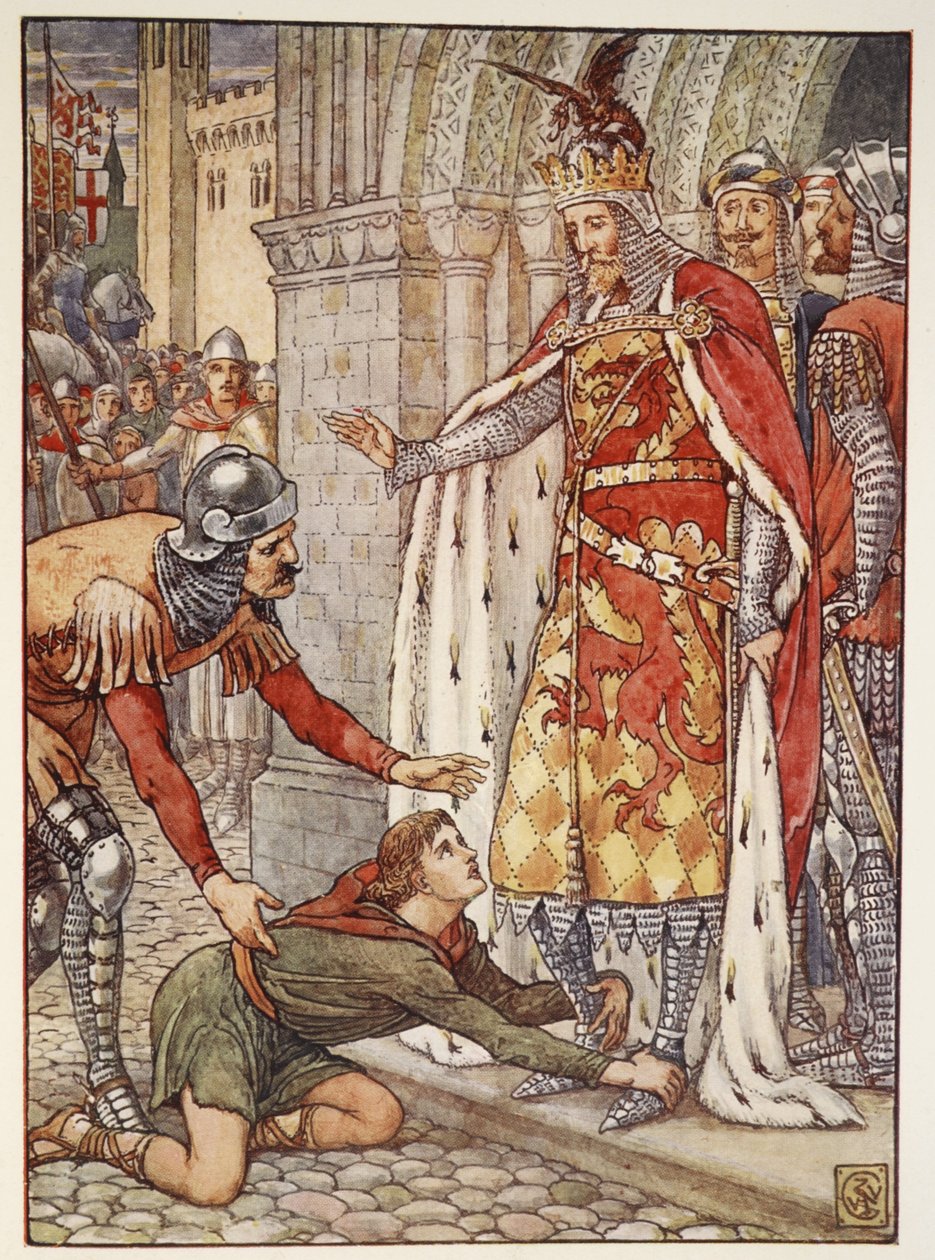 Young Owen Appeals to the King, från "Stories of the Knights of the Round Table" av Henry Gilbert, första upplagan, 1911 av Walter Crane