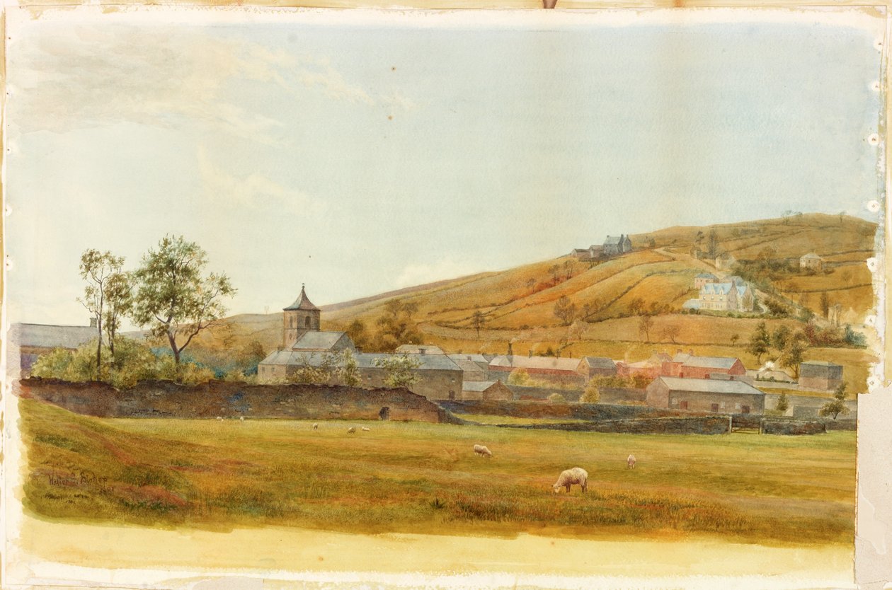 Landskap med kyrka och får penna och akvarell på papper klistrat på kort av Walter Follen Bishop