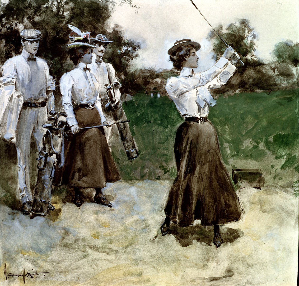 Golf Foursome, ca 1900 (gouache och wc ombord) av Walter Granville Smith
