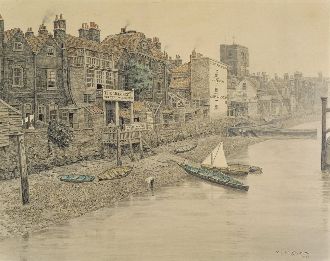 En utsikt över Themsen som visar Adam and Eve Tavern i Chelsea, 1868 (se även 45025) av Walter Greaves