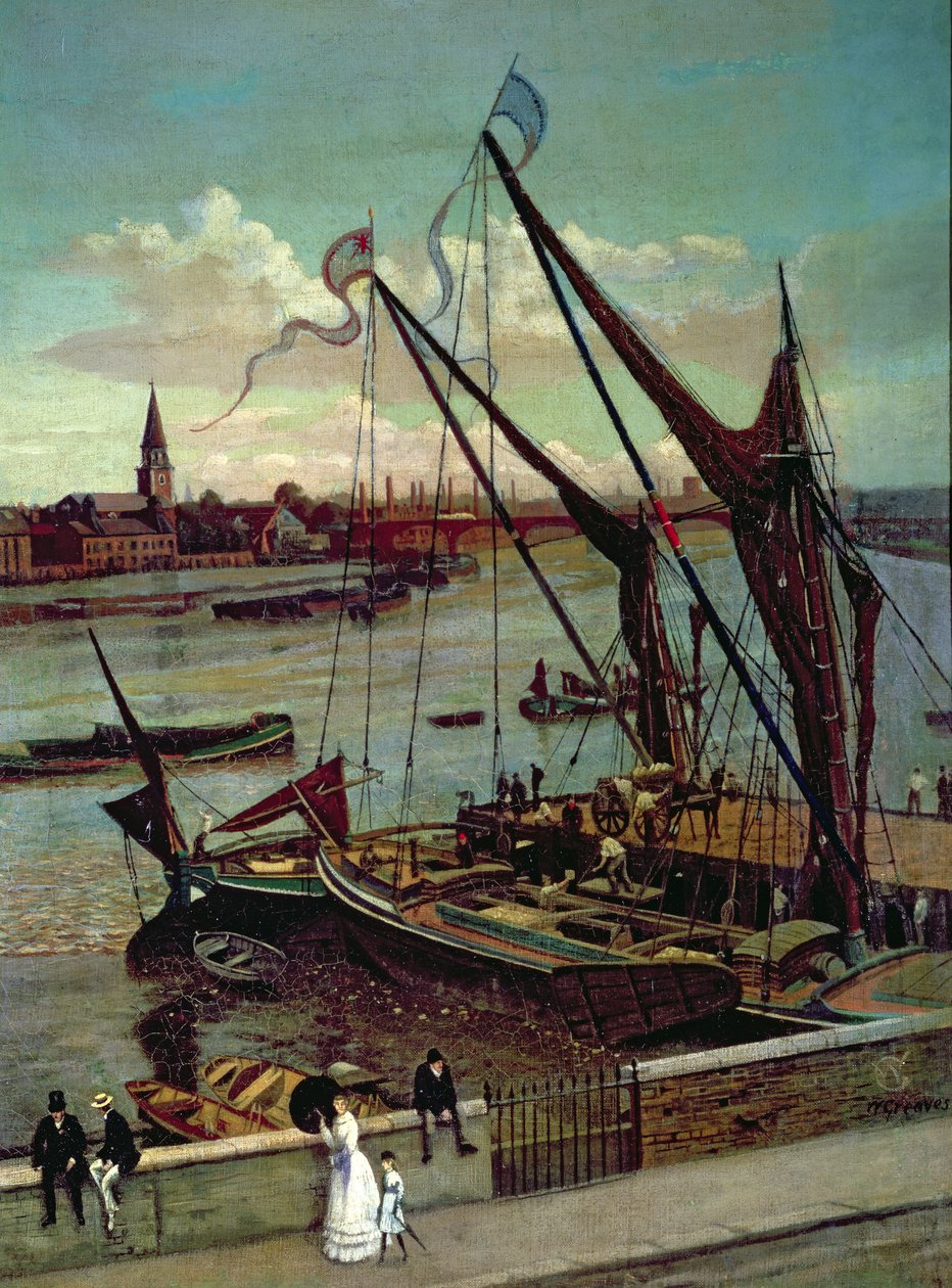 Lossning av pråmen, Lindsay Jetty och Battersea Church, c.1860 av Walter Greaves