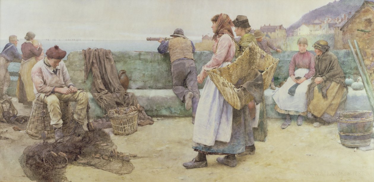 In a Cornish Fishing Village: Flottans avgång mot norr, 1886 (wc på papper) av Walter Langley