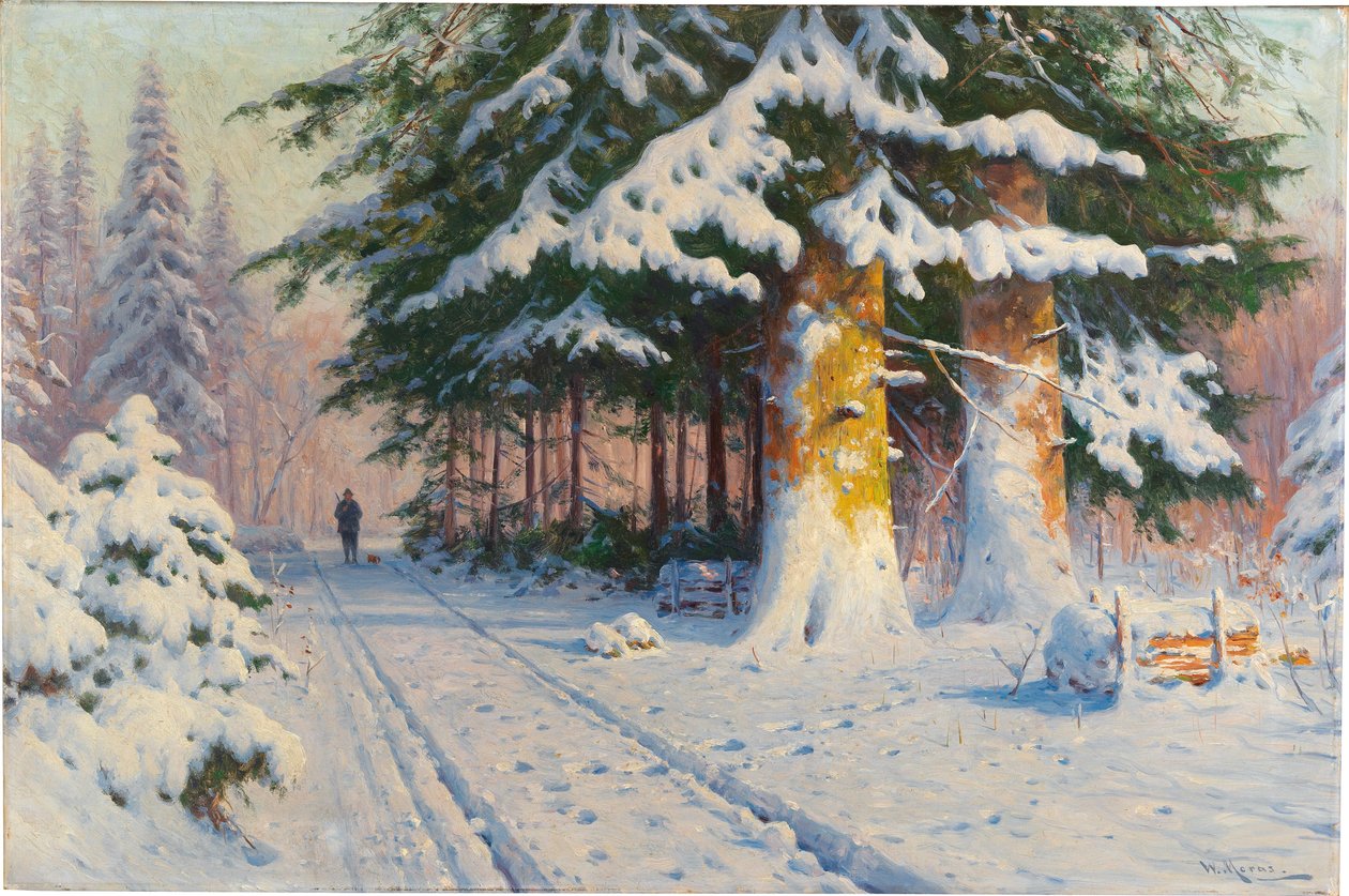 Jägare återvänder hem i en vinter skog av Walter Moras