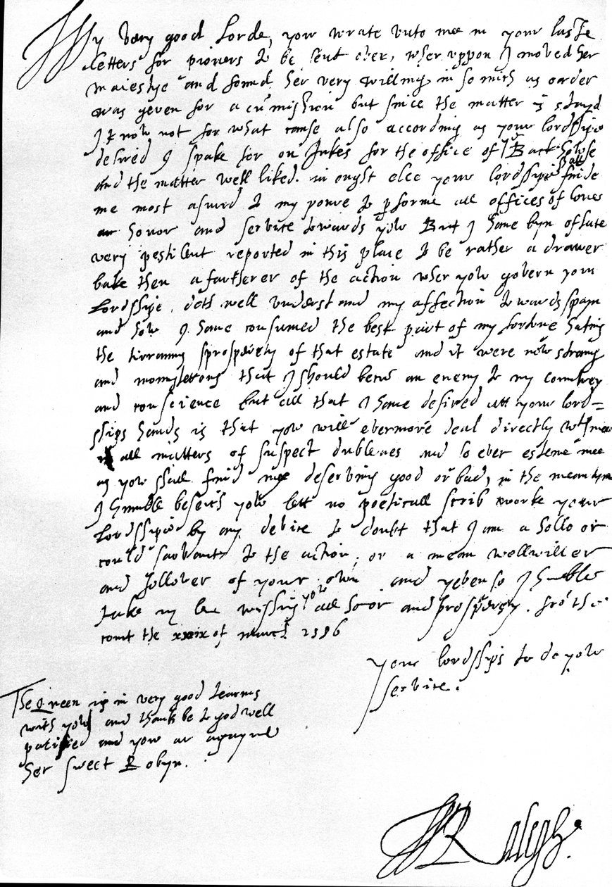 Brev till Robert Dudley, Earl of Leicester, guvernör i Nederländerna, angående hans begäran om att skicka pionjärer från England och för att vederlägga Dudleys anklagelse att Raleigh är alltför vänligt inställd till Spanien. av Walter Raleigh