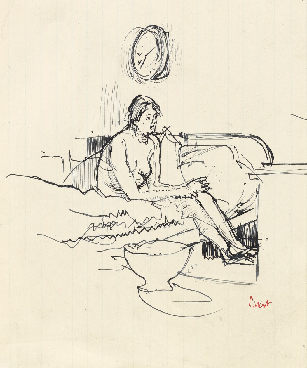 Flicka sittande på en säng (penna och blått bläck på papper) av Walter Richard Sickert