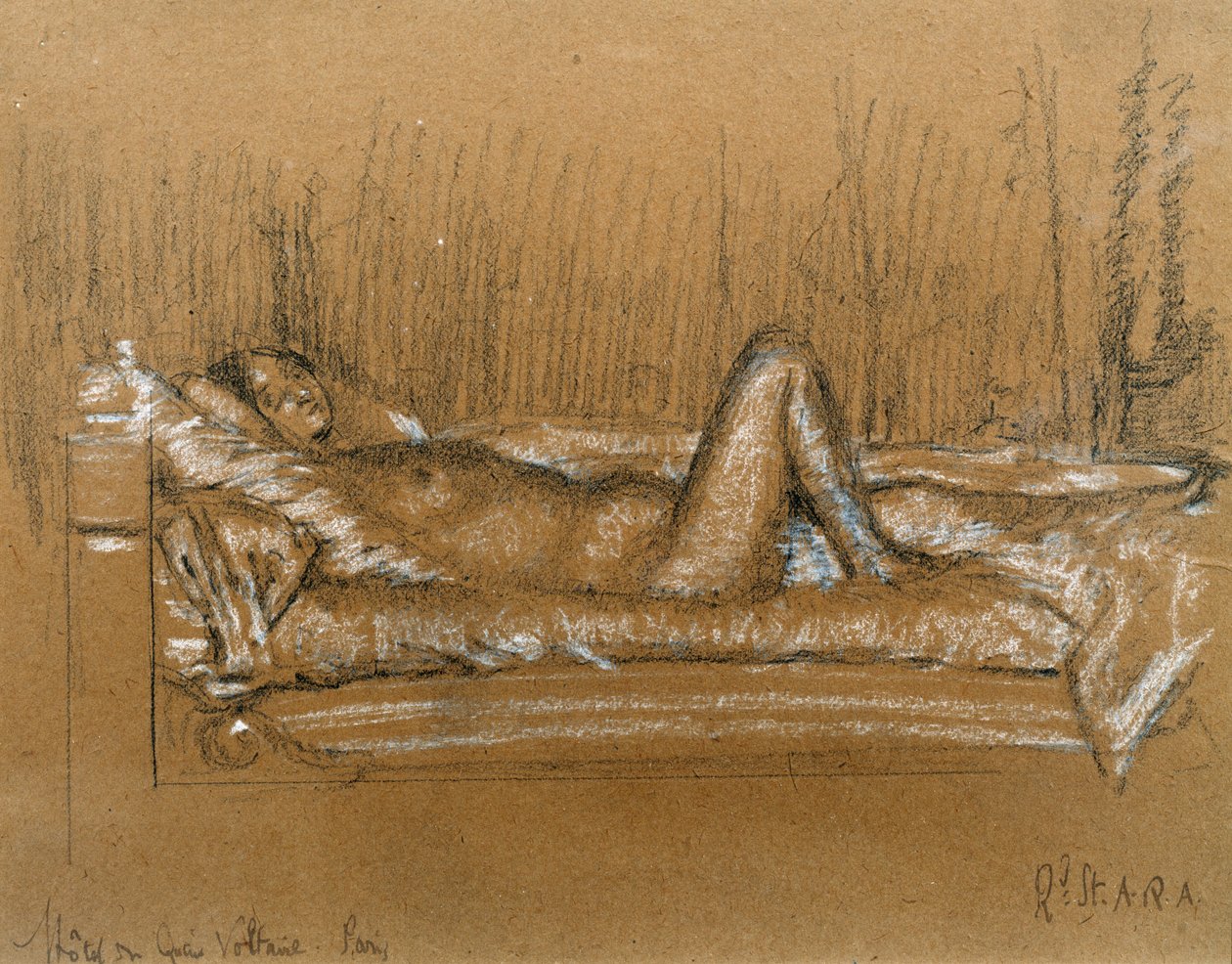 Jeanne, Hotel du Quai Voltaire, Paris (kol & vit krita på papper) av Walter Richard Sickert