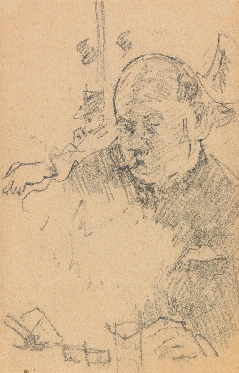 Mustaschman sitter och dricker i en bar med två andra män i hattar (grafit på papper) av Walter Richard Sickert