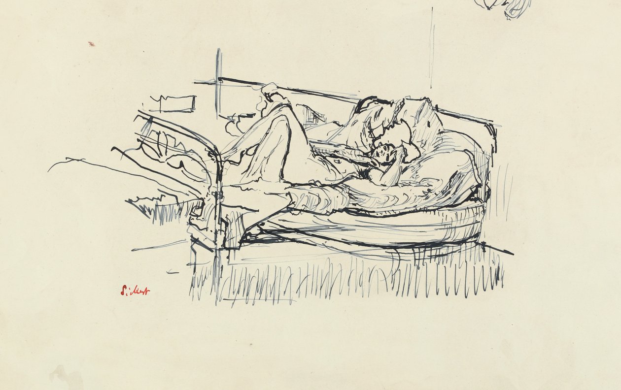 Naken liggande på en säng (penna och blått bläck på papper) av Walter Richard Sickert
