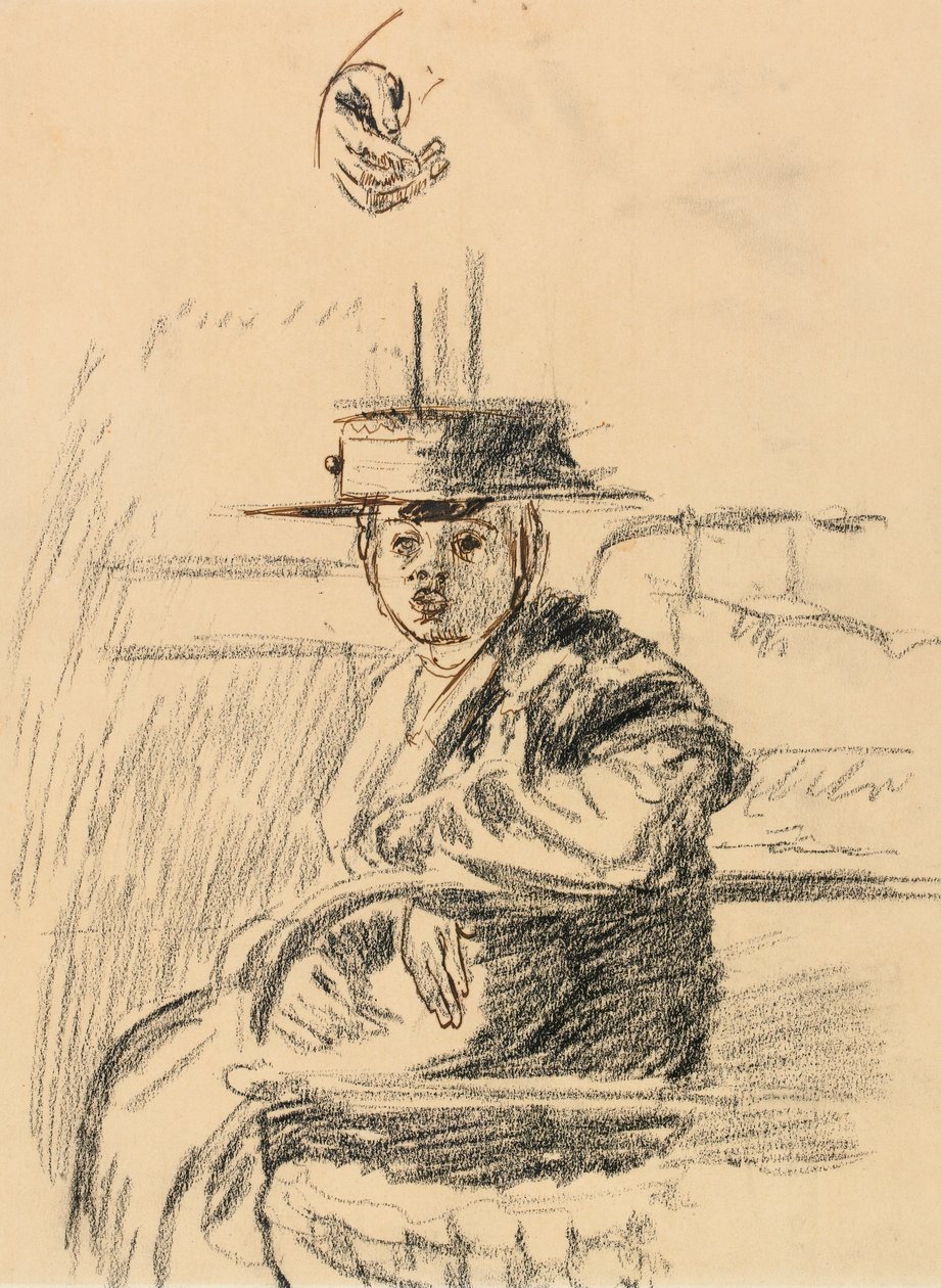 Sittande kvinna med en halmbåtare (kol med penna och brunt bläck på papper) av Walter Richard Sickert