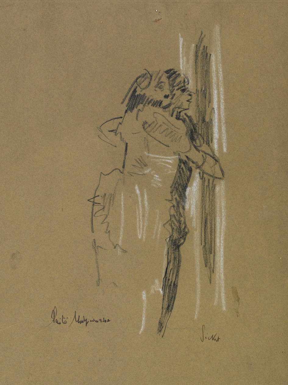 Två stående figurer, ca 1907 (svart och vit krita på blekt blått papper) av Walter Richard Sickert