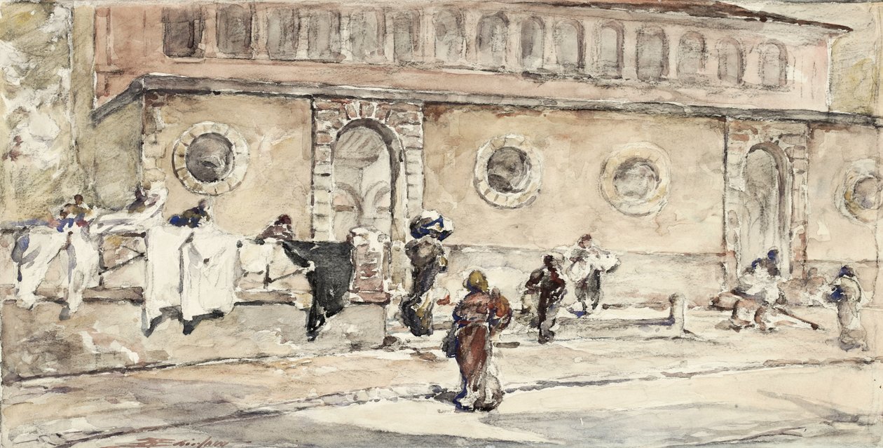 Figurer framför en spansk byggnad (wc på papper) av Walter Shirlaw