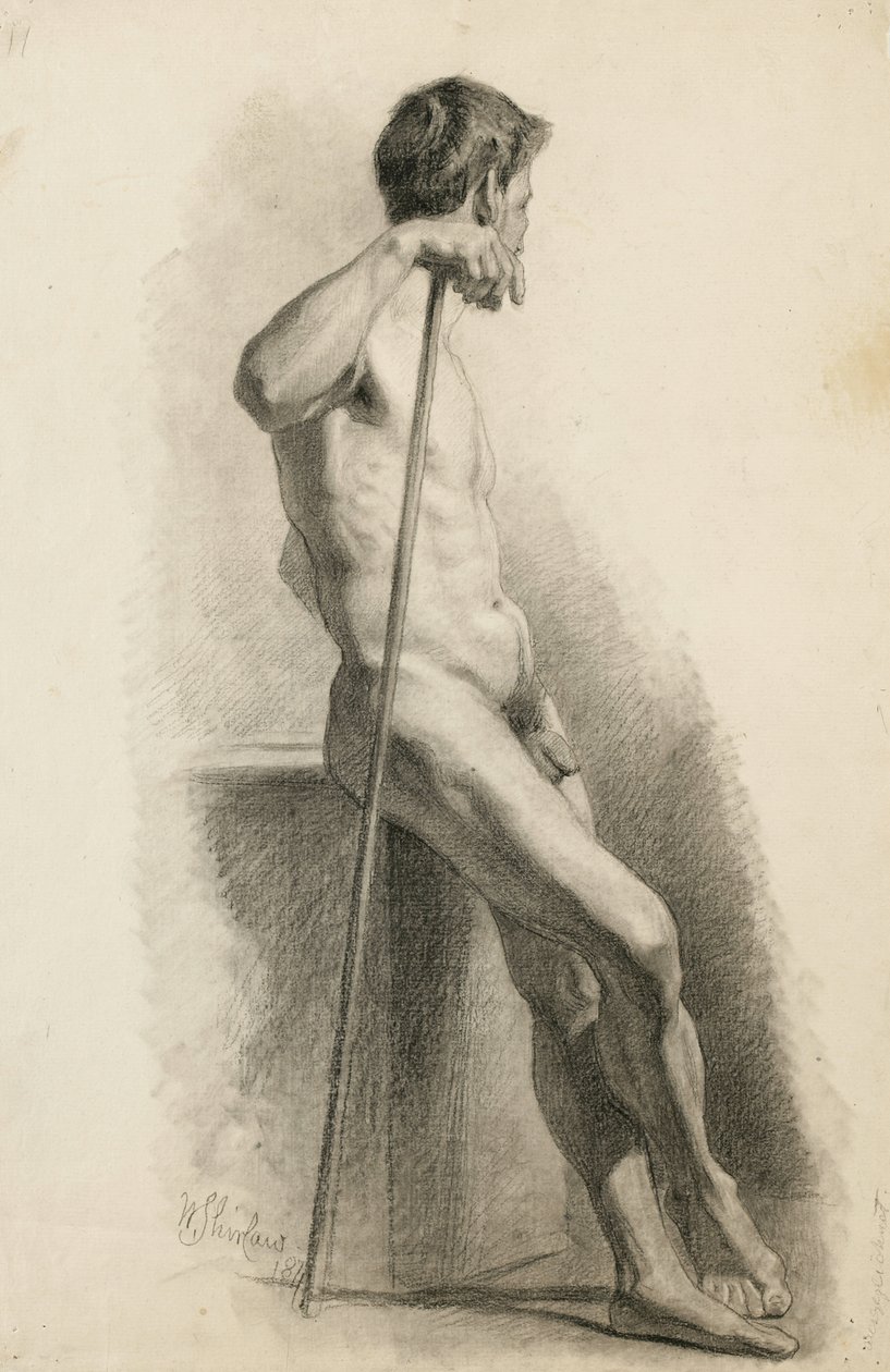 Studie av manlig naken med stav, sidovy, 1871 (träkol på bambubunt papper) av Walter Shirlaw