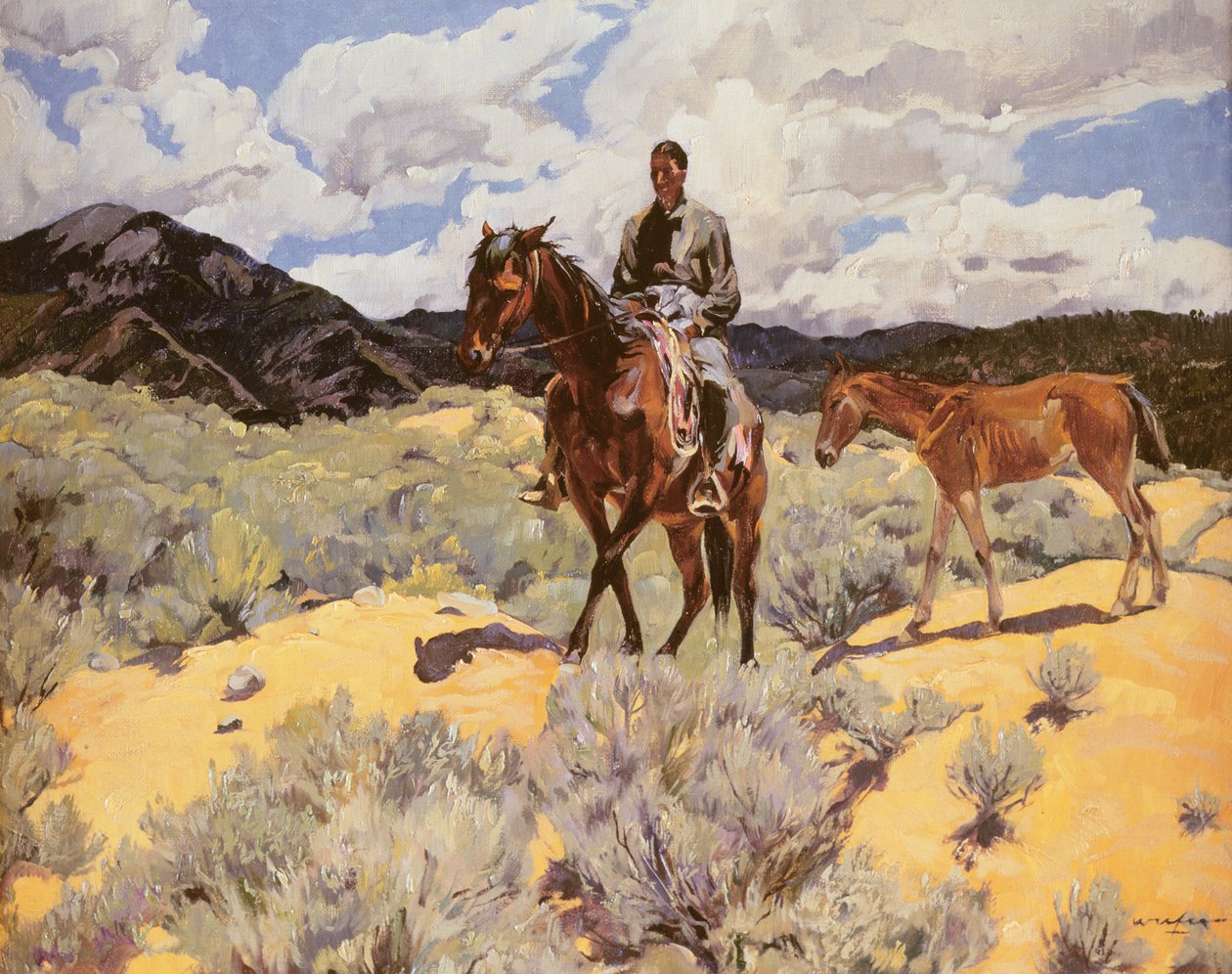 Indian till häst med Colt, ca 1930 av Walter Ufer