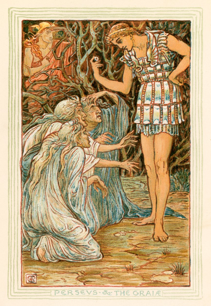 Perseus och Graiae (färglitografi) av Walter (after) Crane