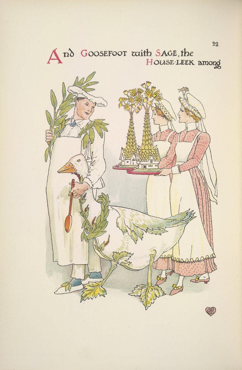 En kock som håller en gås. Två damer som bär brickor av Walter Crane