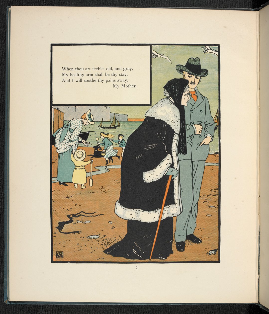En man med sin mamma på en strand. av Walter Crane