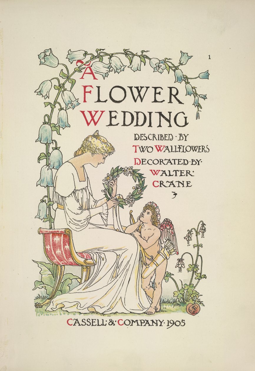En sittande kvinna som håller en krans; en ängel tittar upp på henne av Walter Crane