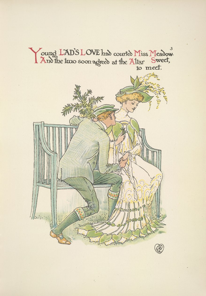 若い女性に求愛する若い男性、Miss Meadowswedish av Walter Crane