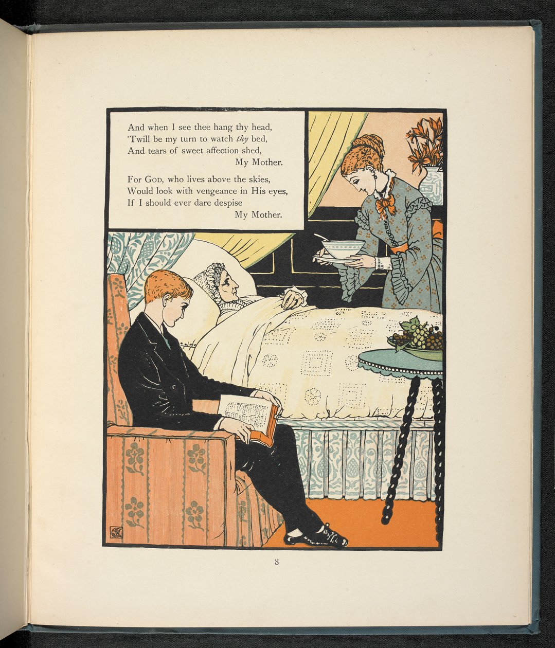 En ung man som sitter med sin mamma, som ligger i sängen, och får lite soppa. av Walter Crane