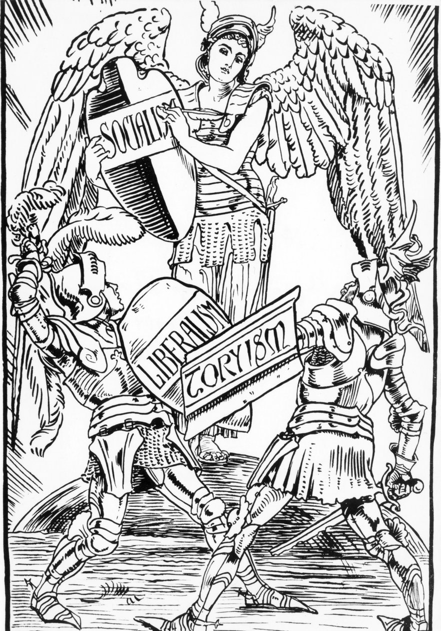 Allegori om Walter Crane: Socialismen segrar hårt i kampen mellan liberalism och torysm (det engelska konservativa partiet). Gravyr från slutet av 1800-talet. av Walter Crane