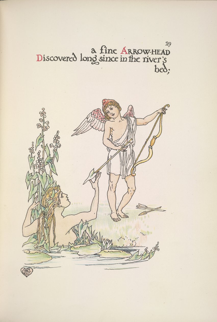 En ängel som håller en pil och en dam i en flod eller sjö av Walter Crane
