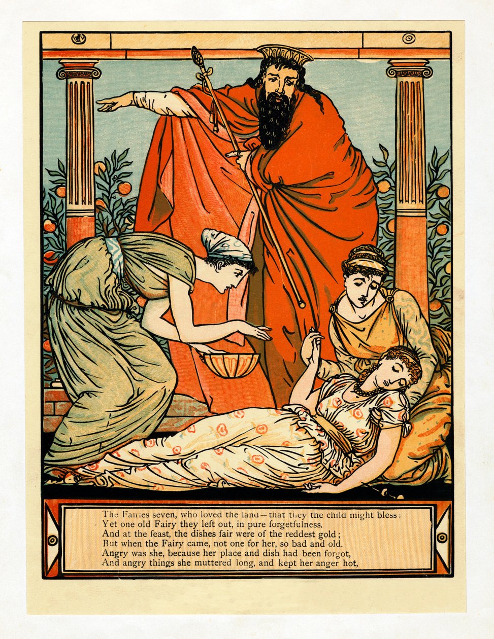 Och ner faller hon i dödssömn, från The Blue Beard Picture Book, pub. 1879. av Walter Crane
