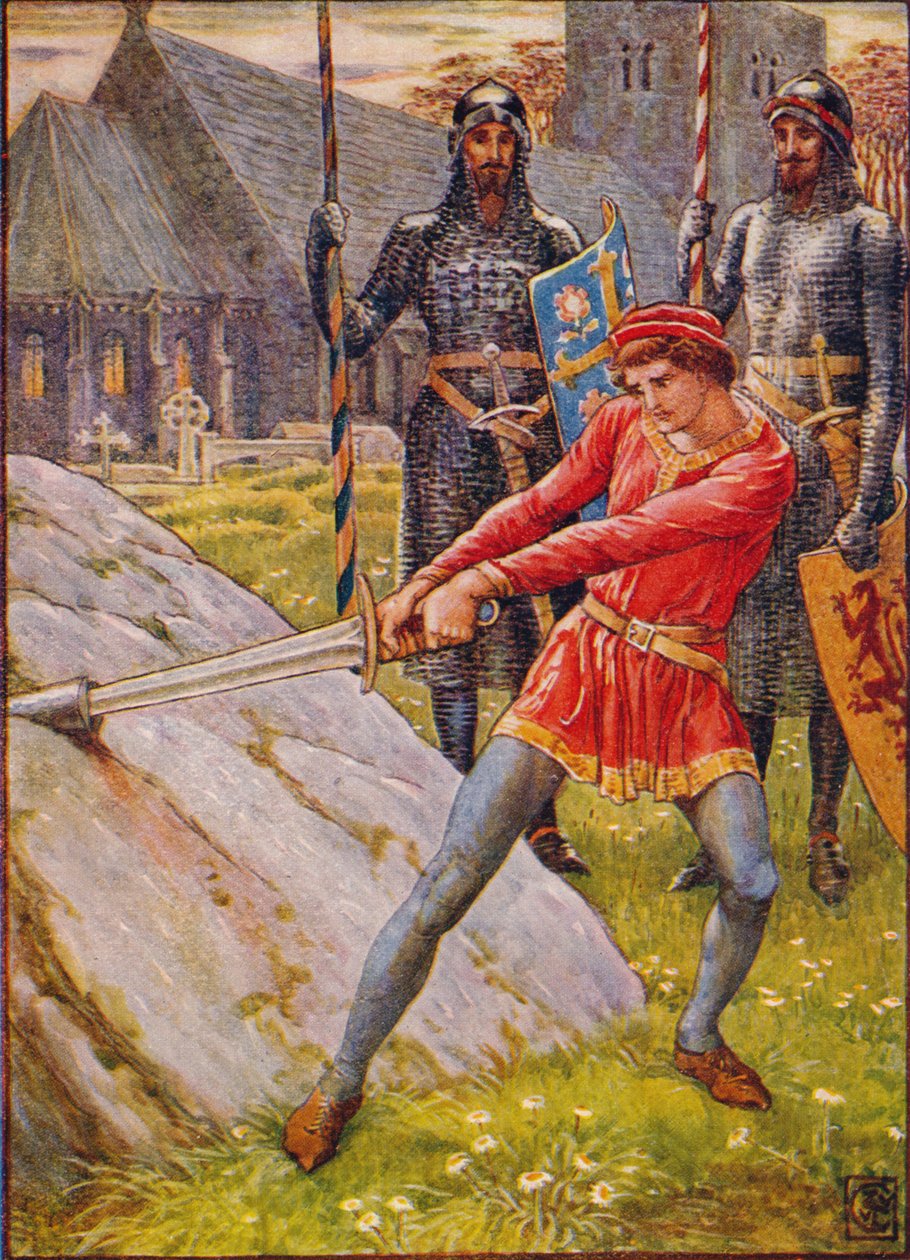 Arthur drar svärdet från stenen, 1911. av Walter Crane