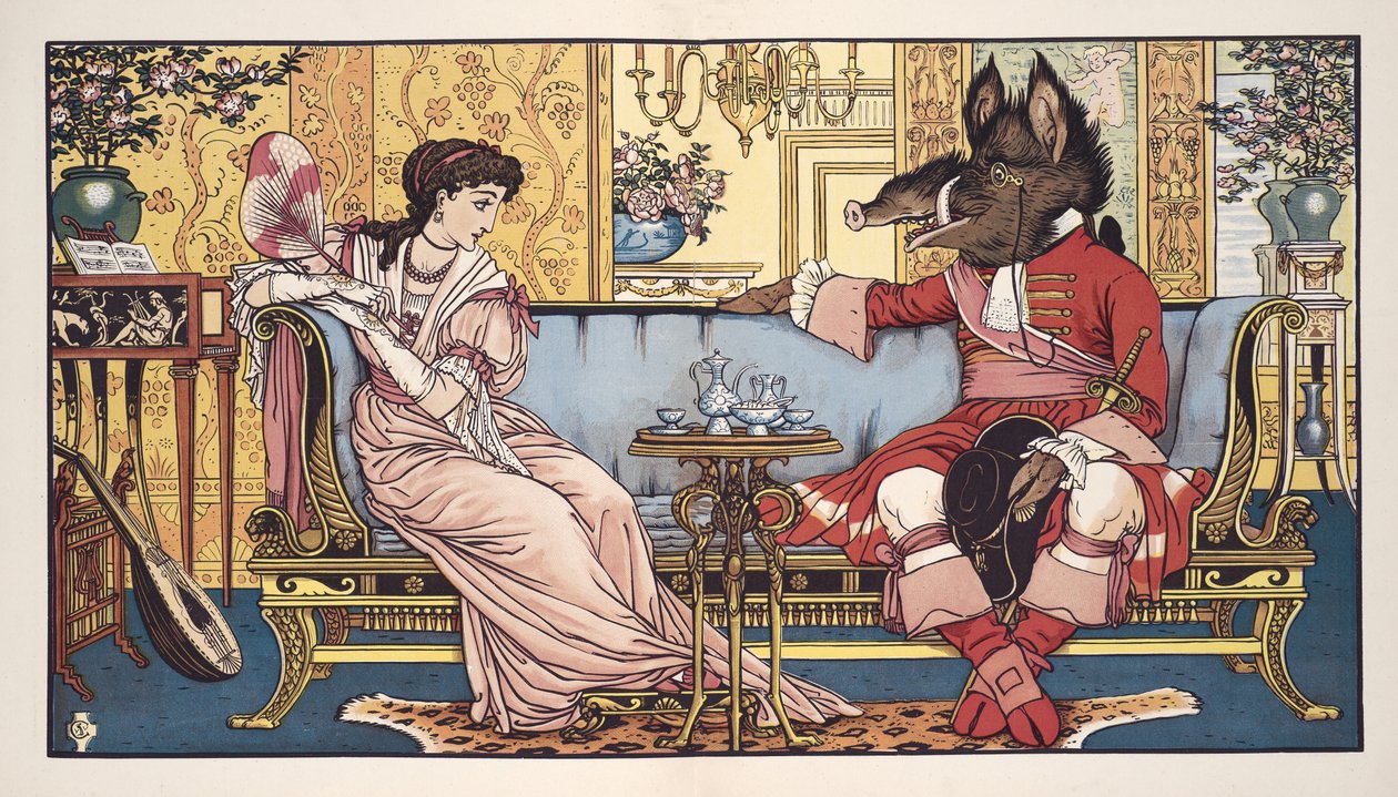 Beauty and the Beast, pub. 1874 (lito i färg) av Walter Crane