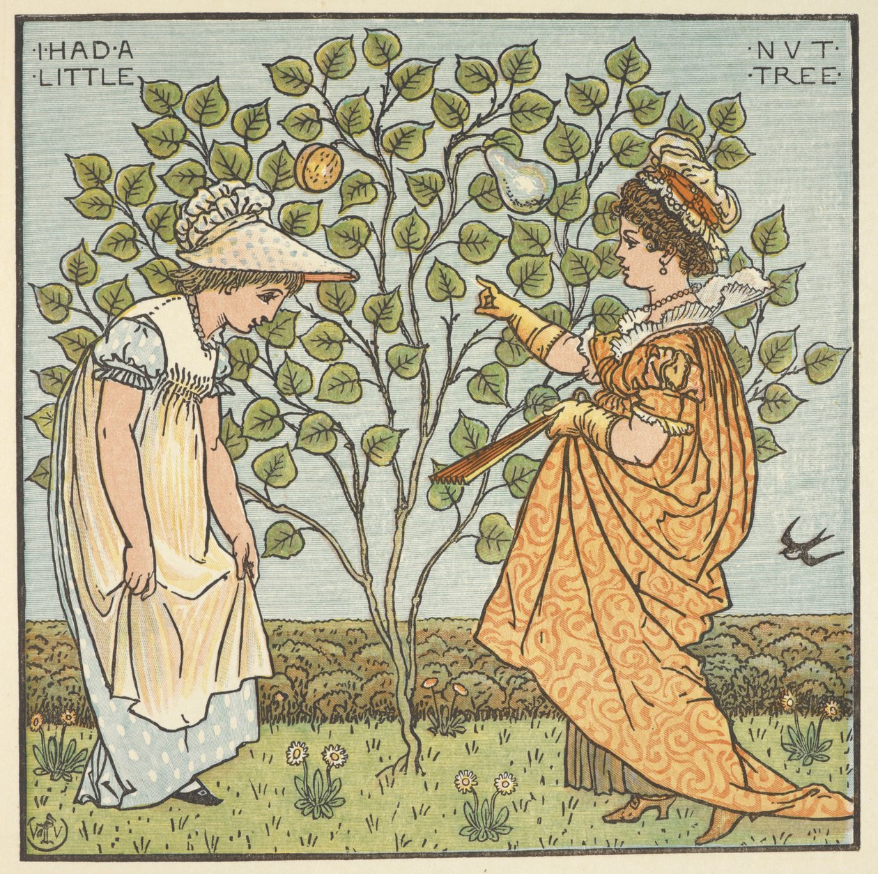 Färgillustration för "Jag hade ett litet nötträd". En ung flicka och en drottning av Spanien. av Walter Crane