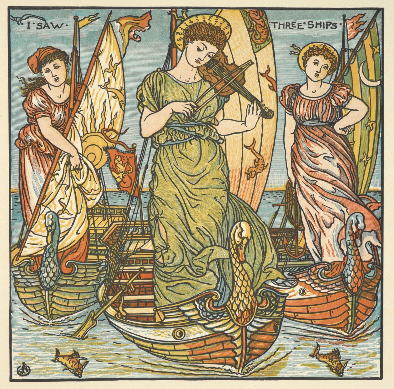 Färgillustration för "Jag såg tre skepp". Tre kvinnor, en spelar fiol, står på fartyg. av Walter Crane