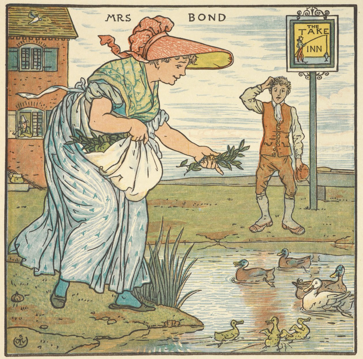Färgillustration för "Mrs Bond". En kvinna som matar ankor utanför ett värdshus. av Walter Crane