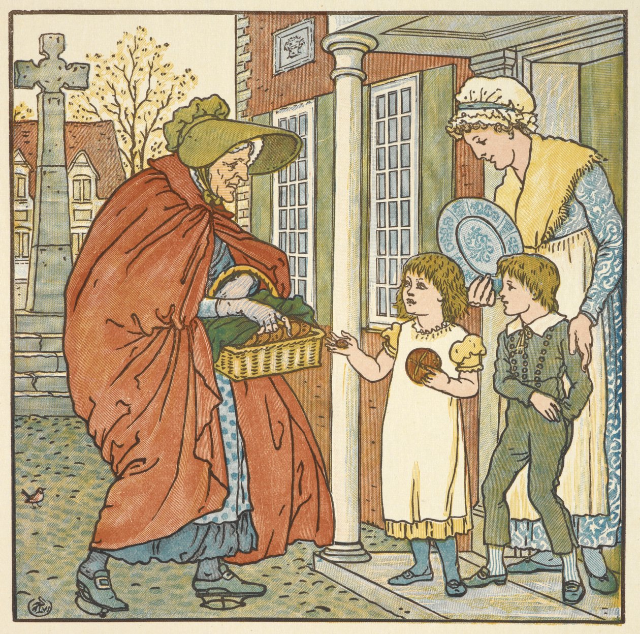 Färgillustration för "heta korsbullar". En gammal kvinna som ger varma korsbullar till två barn. av Walter Crane