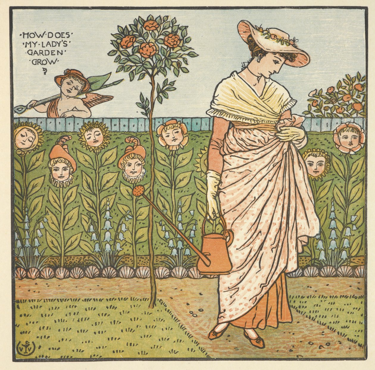 Färgillustration för "min dams trädgård". En ung kvinna som står och håller en vattenkanna i en trädgård. av Walter Crane