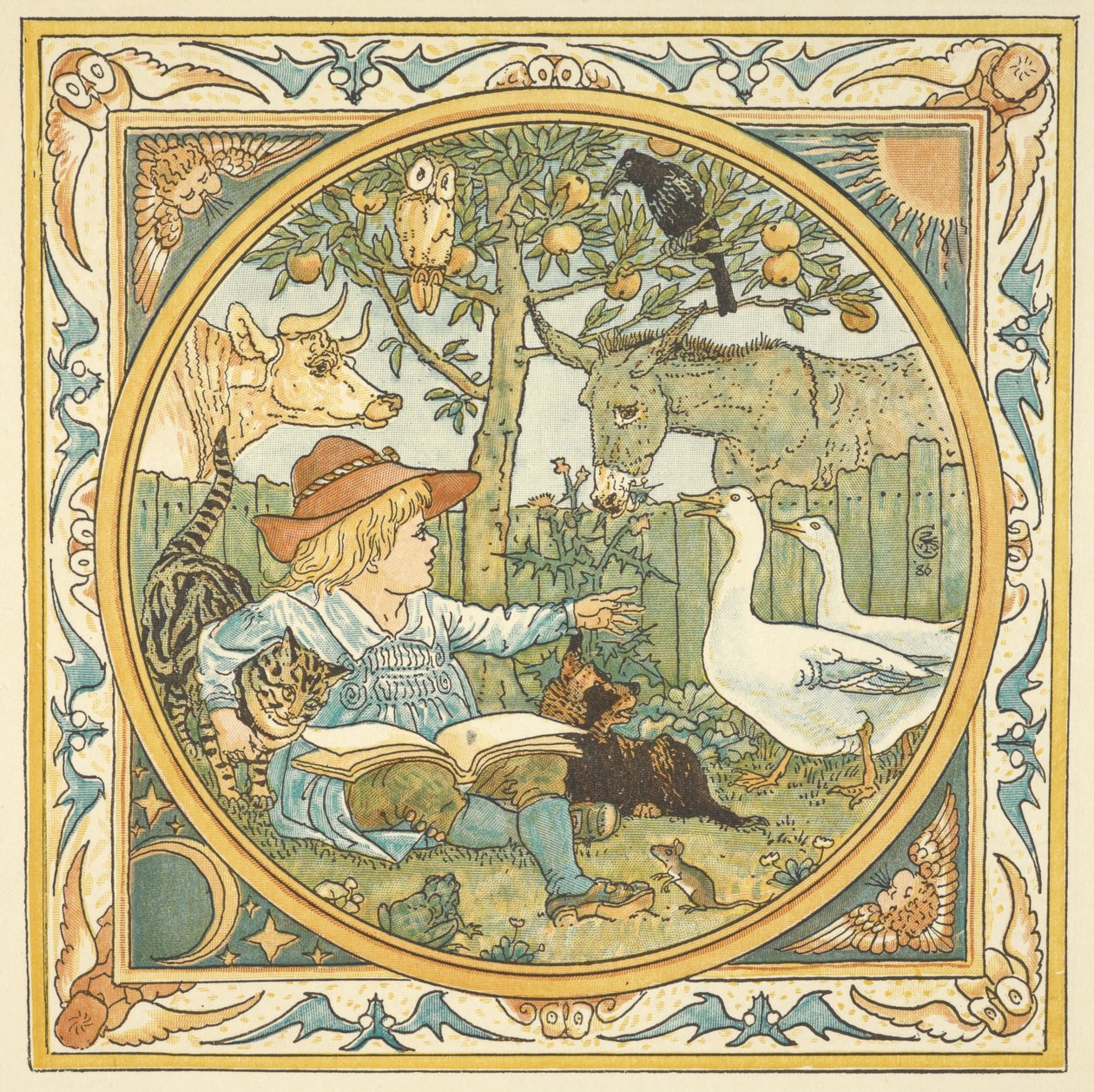 Färgillustration för "barnets egen Aesop". Ett barn i en trädgård omgiven av djur. av Walter Crane
