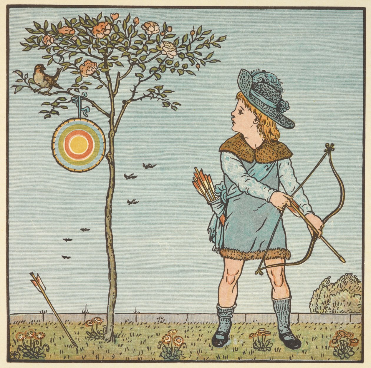 Färgillustration för "den lilla tuppsparven". En liten pojke med pil och båge, på väg att skjuta på en fågel i ett träd. Ett barnrim. av Walter Crane