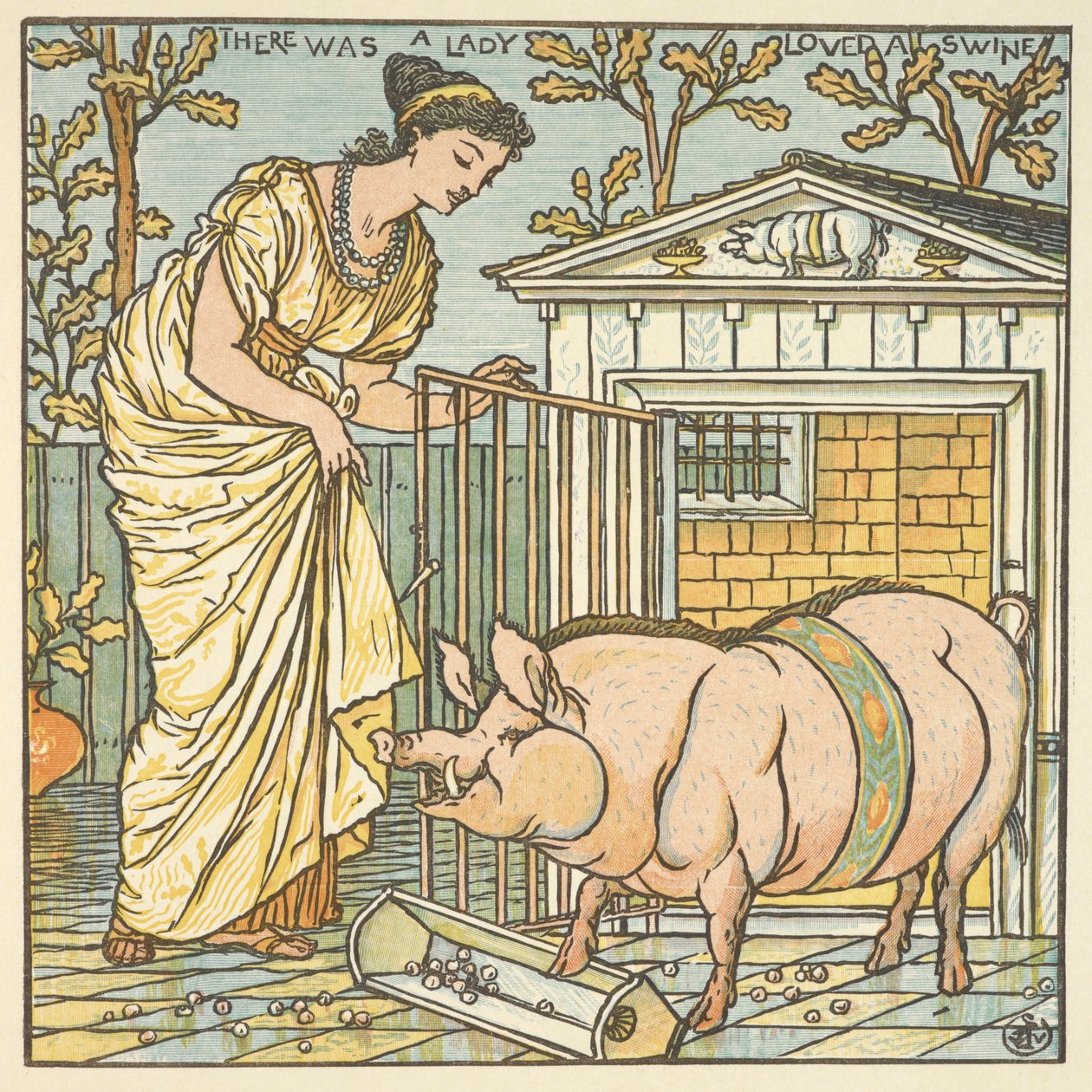 Färgillustration för "det fanns en dam som älskade ett svin". En kvinna och en gris. av Walter Crane
