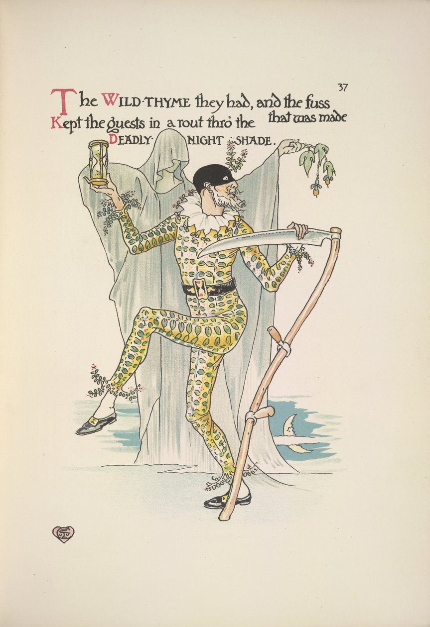 Dödlig nattskugga. En man som bär en mask, en gul kostym och håller i en äggklocka och en lie av Walter Crane