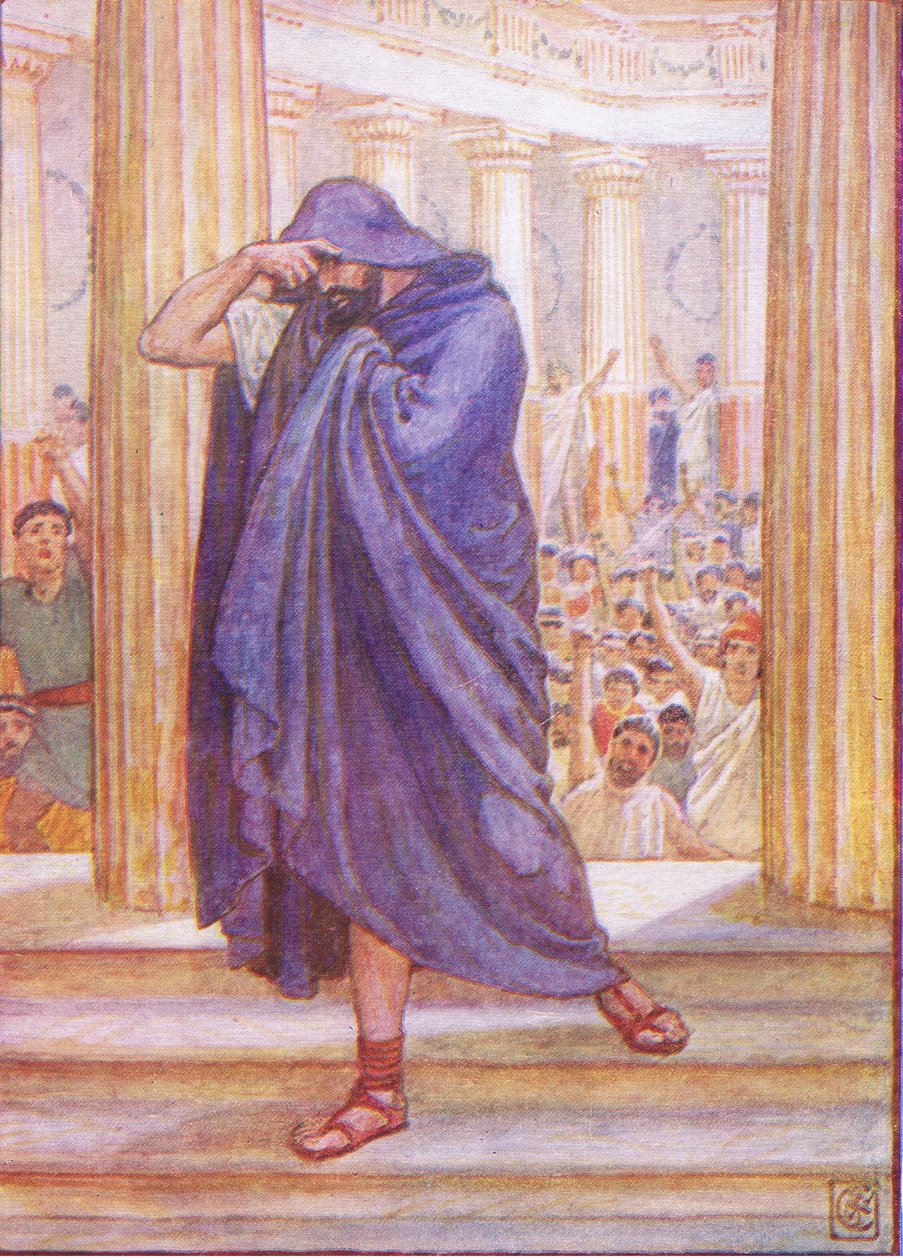 Han lämnade församlingen och gömde sitt ansikte i sin kappa, illustration från The Story of Greece, 1930-talet av Walter Crane