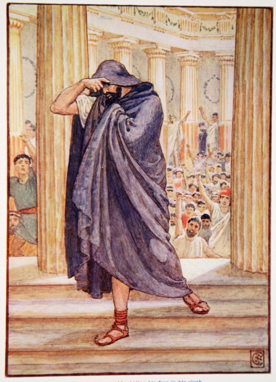 Han lämnade församlingen och gömde sitt ansikte i sin kappa, illustration från The Story of Greece av Mary Macgregor, 1:a upplagan, 1913 (färgtryck) av Walter Crane
