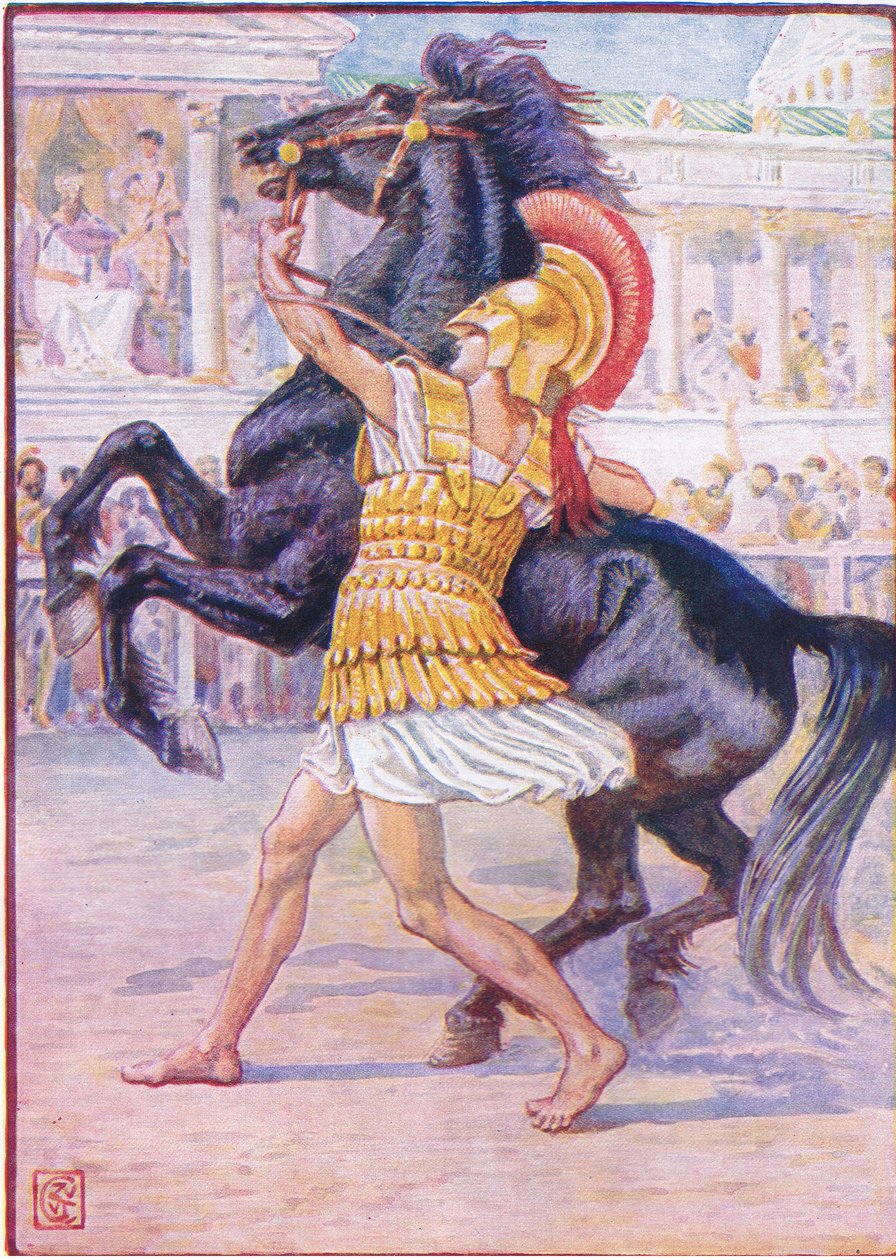 Han sprang mot hästen och tog tag i tränset, illustration från The Story of Greece, 1930-talet av Walter Crane